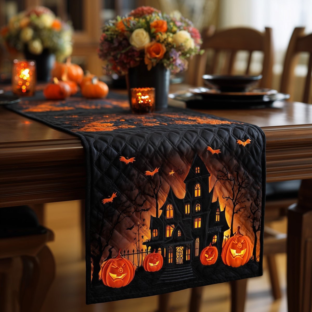 Haunted House with Glowing Pumpkins Table Runner - Made to Order TABLE928