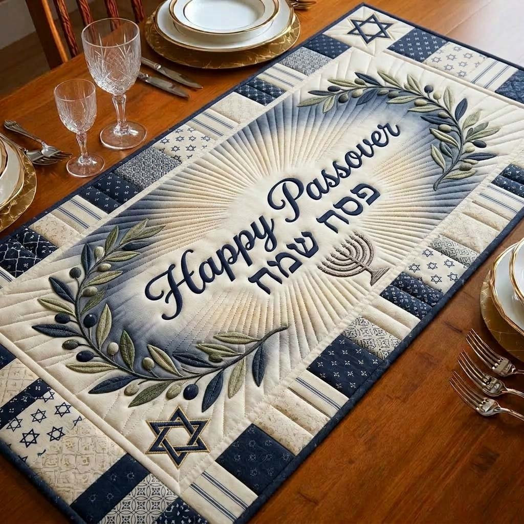 Happy Passover with Olive Wreath Table Runner - Made to Order TABLE928