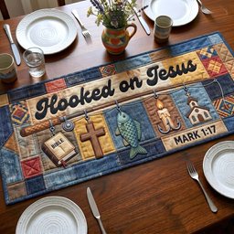 Hooked on Jesus with Fish and Cross Table Runner - Made to Order TABLE928