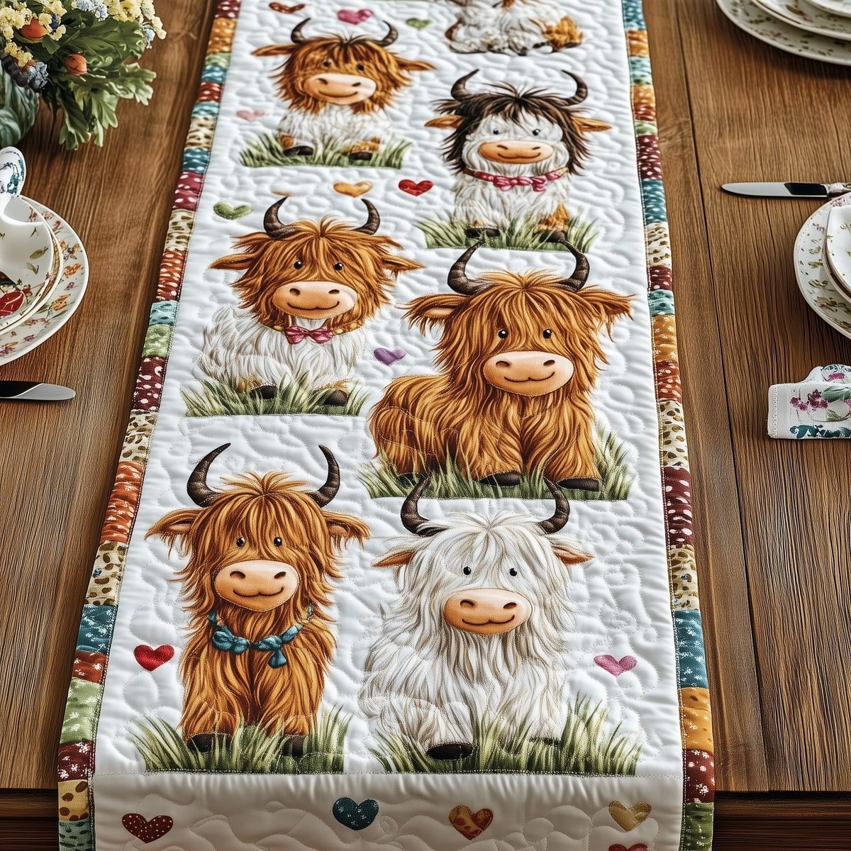 Highland Calves on White with Hearts Table Runner - Made to Order TABLE928