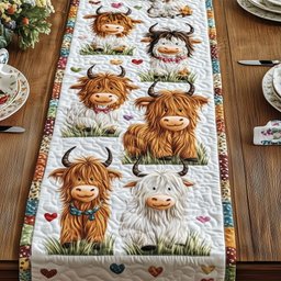 Highland Calves on White with Hearts Table Runner - Made to Order TABLE928