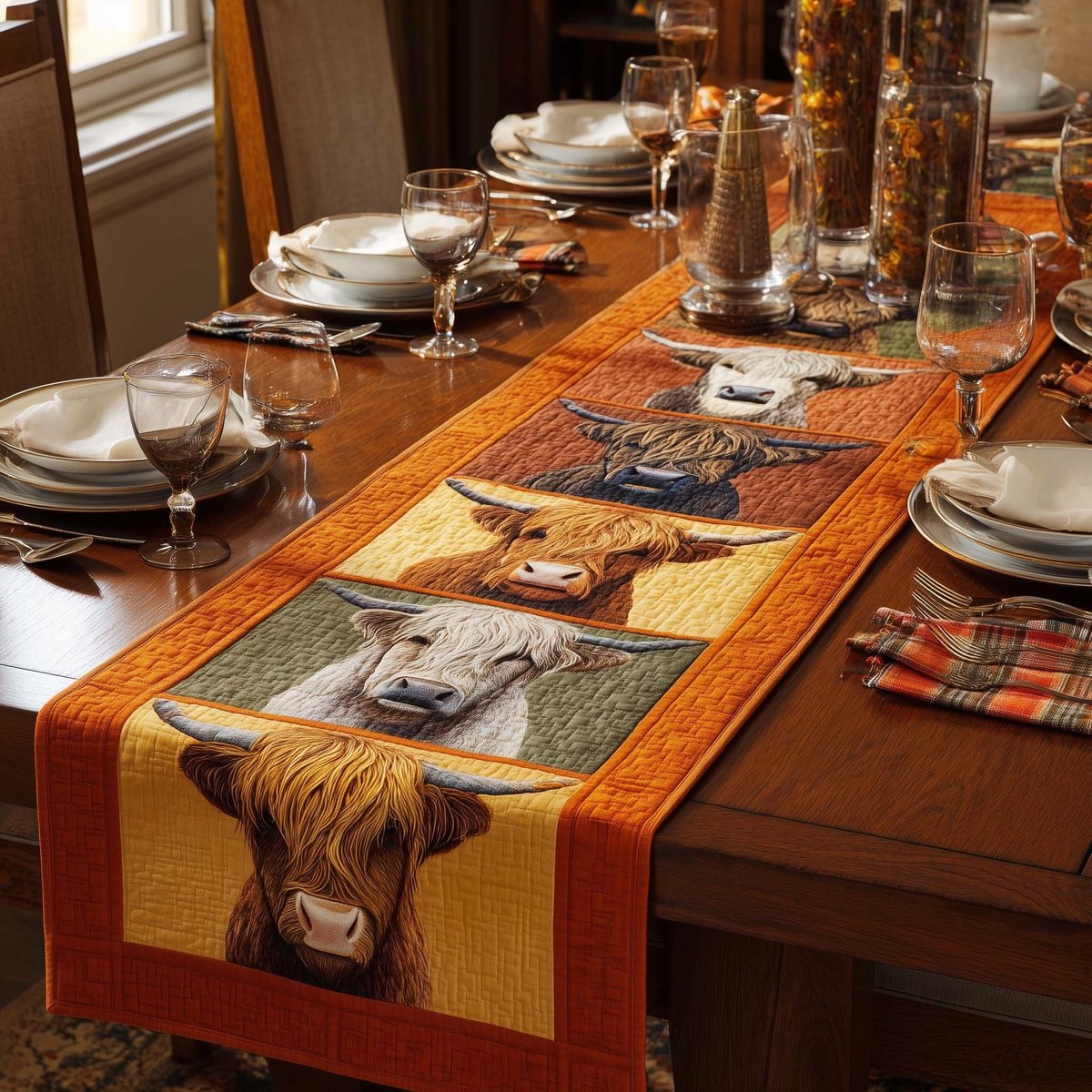 Highland Cow Portraits on Orange Table Runner - Made to Order TABLE928