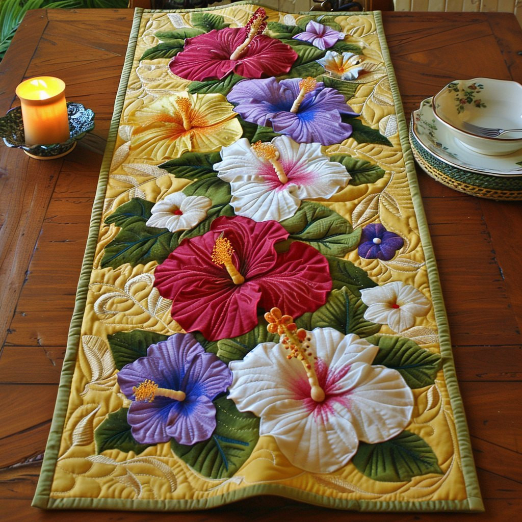Hibiscus Blooms on Yellow Table Runner - Made to Order TABLE928