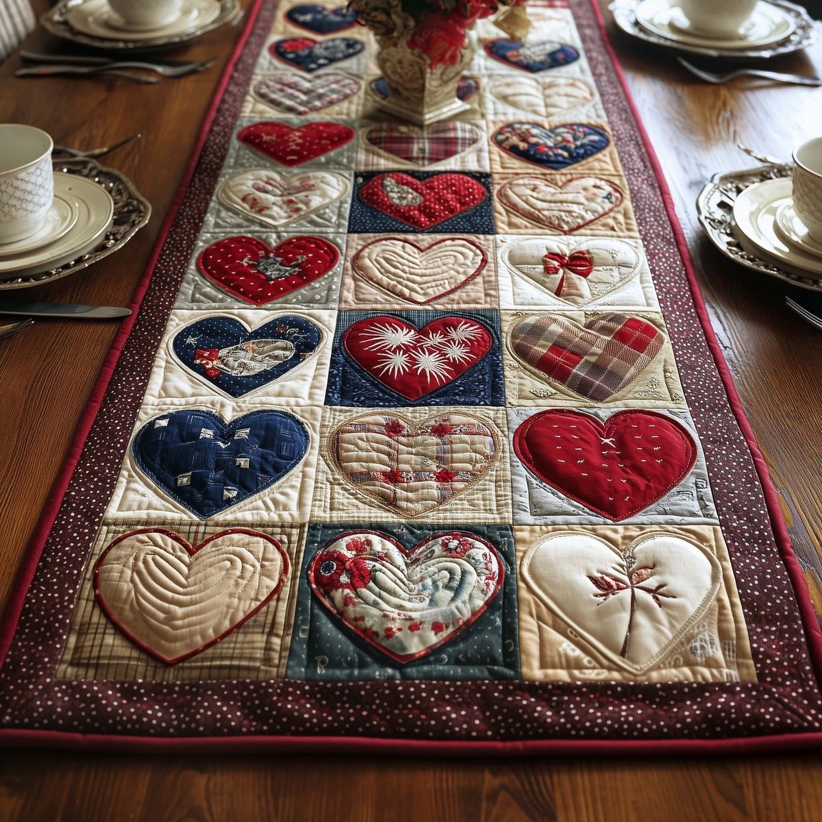 Heart Squares on Cream Patchwork Table Runner - Made to Order TABLE928