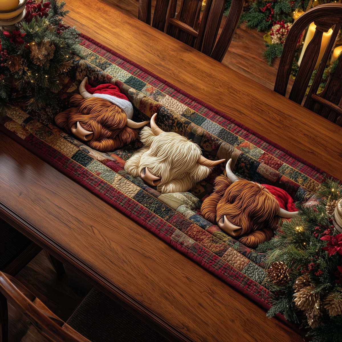 Highland Cows on Plaid Stripes Table Runner - Made to Order TABLE928