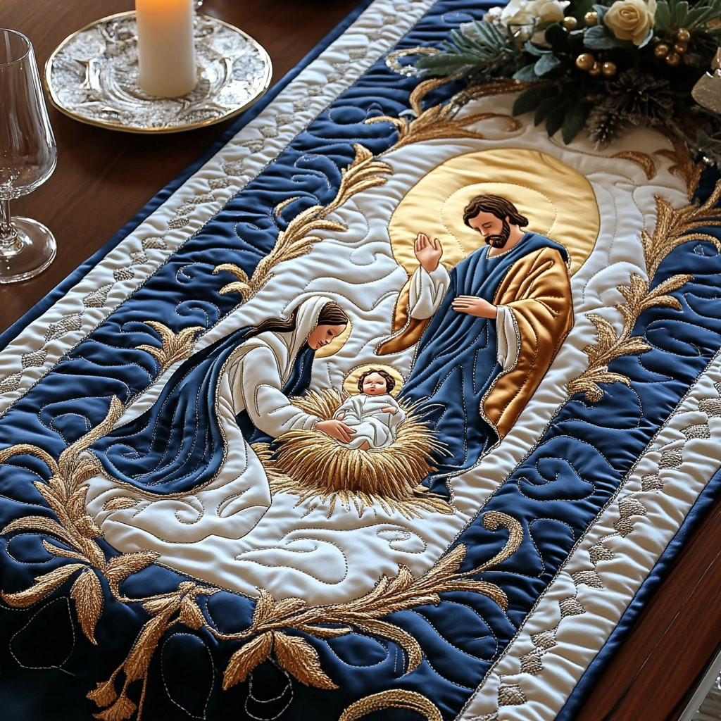 Holy Family with Newborn in Blue Table Runner - Made to Order TABLE928