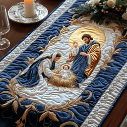 Holy Family with Newborn in Blue Table Runner - Made to Order TABLE928