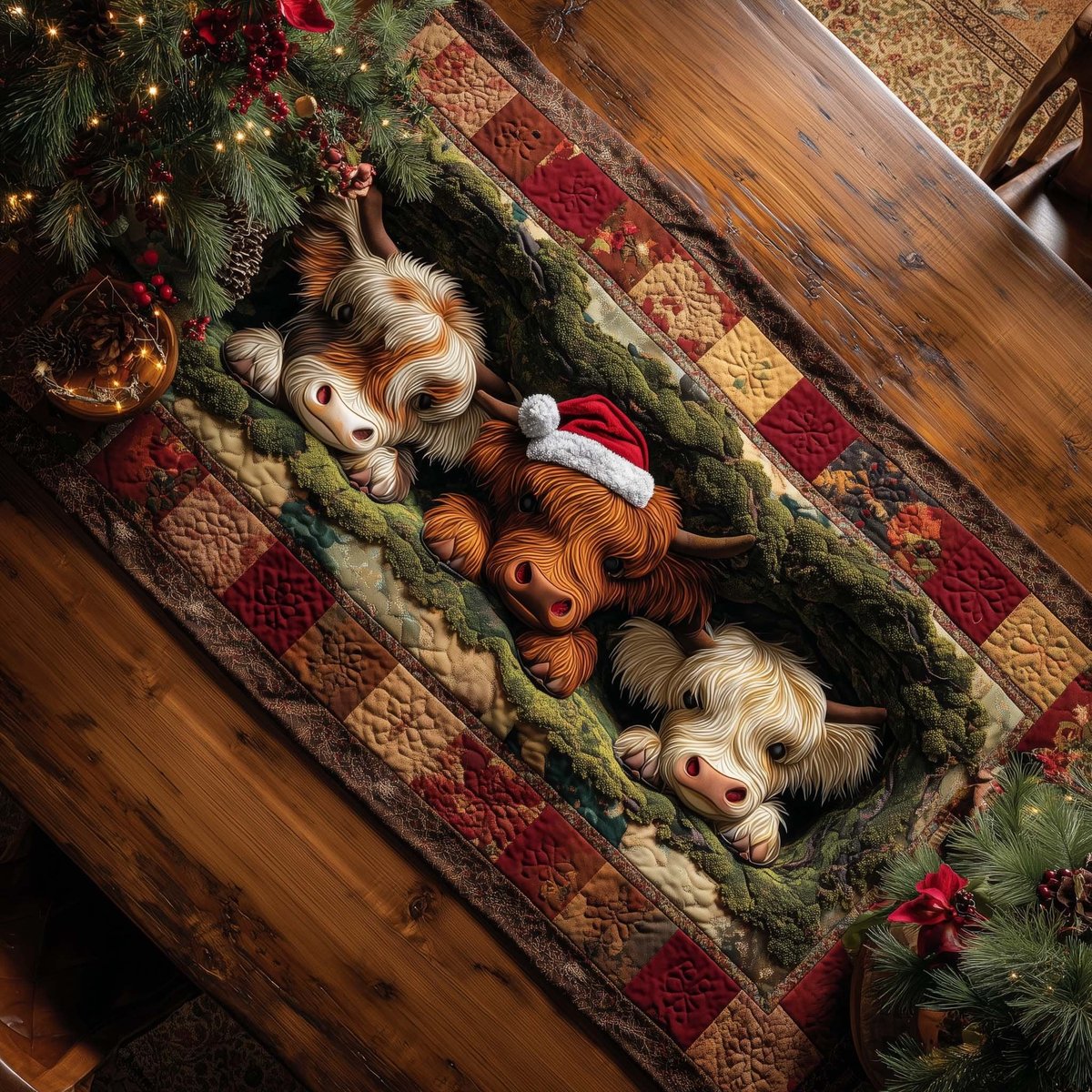 Highland Cows with Pine and Hats Table Runner - Made to Order TABLE928