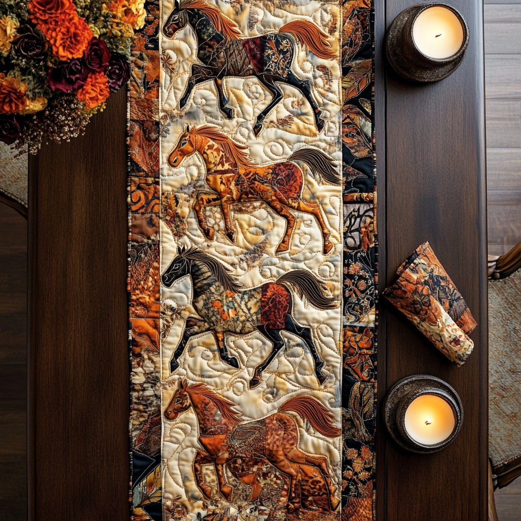 Horses on Orange Floral Panel Table Runner - Made to Order TABLE928