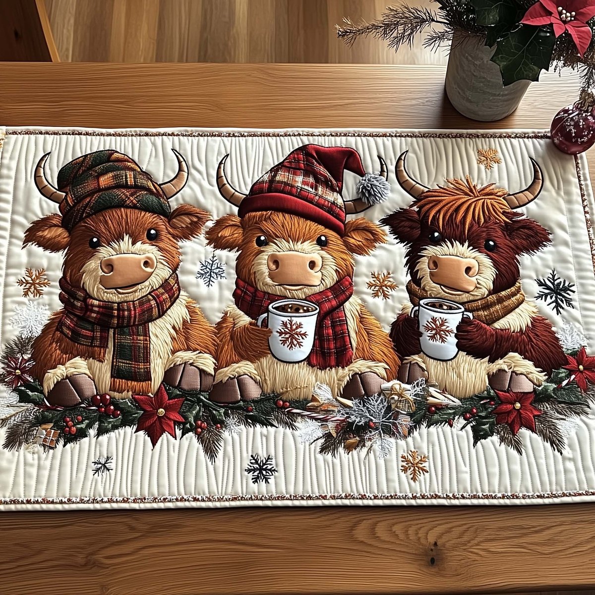 Highland Cows with Cocoa Mugs Table Runner - Made to Order TABLE928