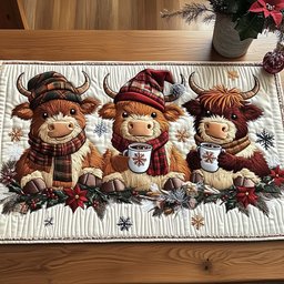 Highland Cows with Cocoa Mugs Table Runner - Made to Order TABLE928