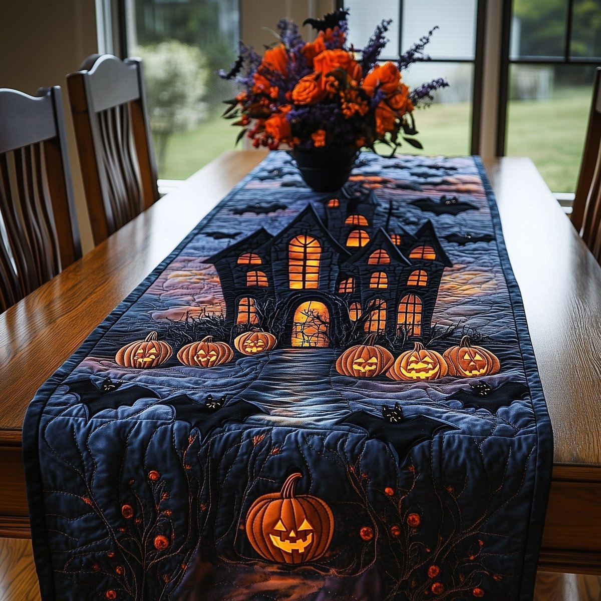 Haunted House with Glowing Jack o Lanterns Table Runner - Made to Order TABLE928