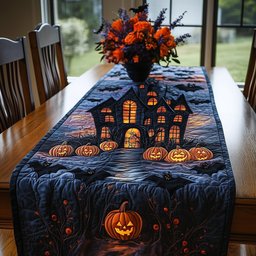 Haunted House with Glowing Jack o Lanterns Table Runner - Made to Order TABLE928
