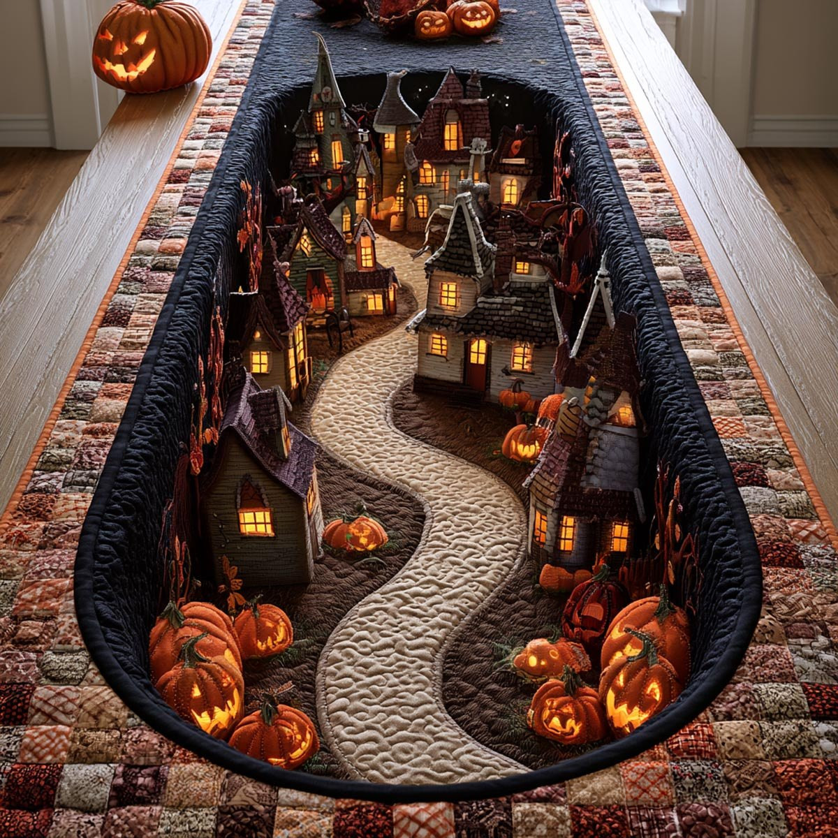 Halloween Village Along Winding Path Table Runner - Made to Order TABLE928