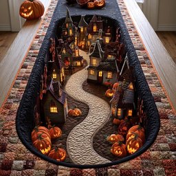 Halloween Village Along Winding Path Table Runner - Made to Order TABLE928