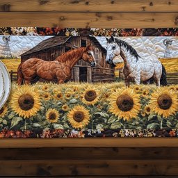 Horses in Sunflower Field by Barn Table Runner - Made to Order TABLE928
