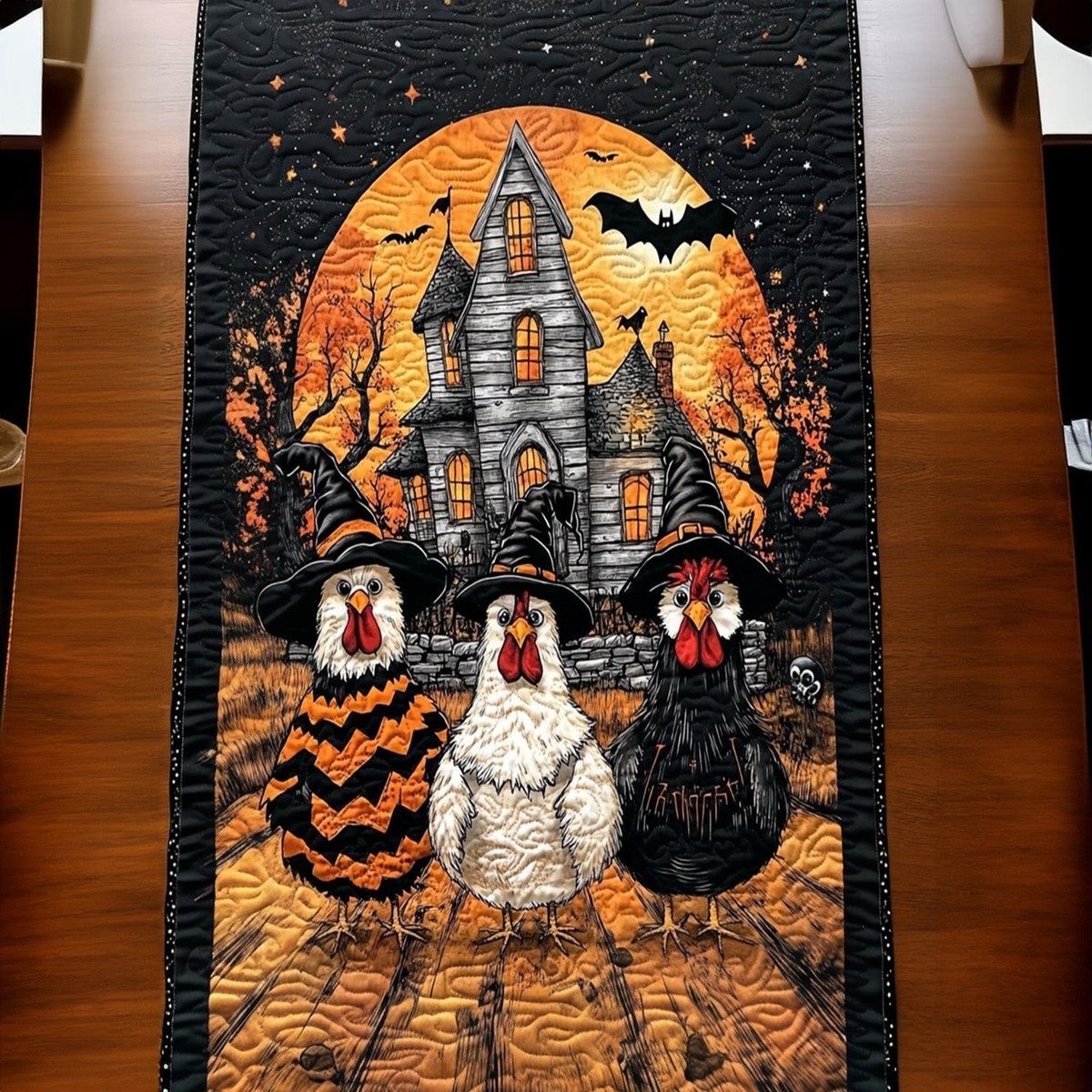 Halloween Chickens Before Haunted House Table Runner - Made to Order TABLE928
