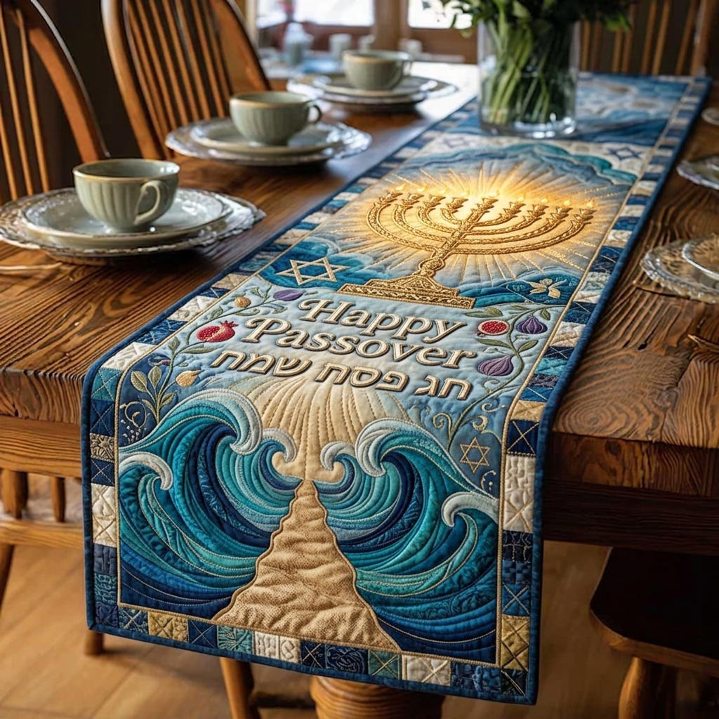 Happy Passover Menorah Above Waves Table Runner - Made to Order TABLE928