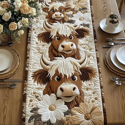 Highland Cows with White Daisies Table Runner - Made to Order TABLE928