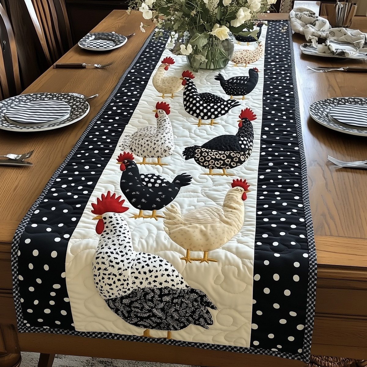 Hens on Black Polka Dot Border Table Runner - Made to Order TABLE928