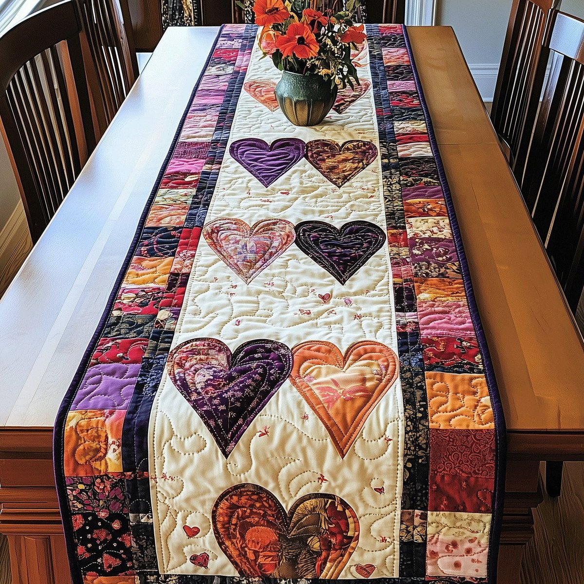 Hearts on Warm Patchwork Stripes Table Runner - Made to Order TABLE928