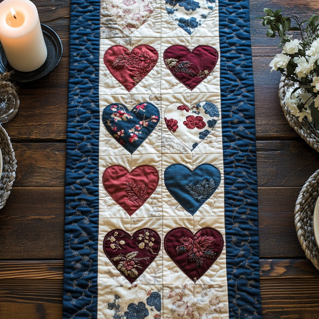 Hearts on Cream Quilt Blocks Table Runner - Made to Order TABLE928