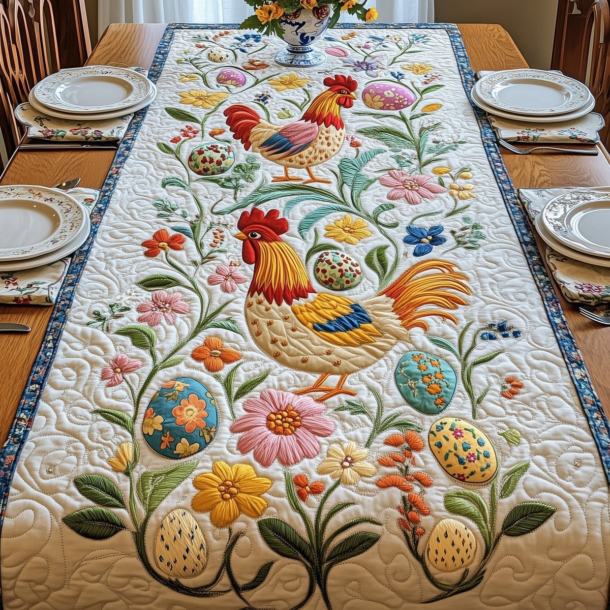 Hen and Chicks Among Spring Blooms Table Runner - Made to Order TABLE928