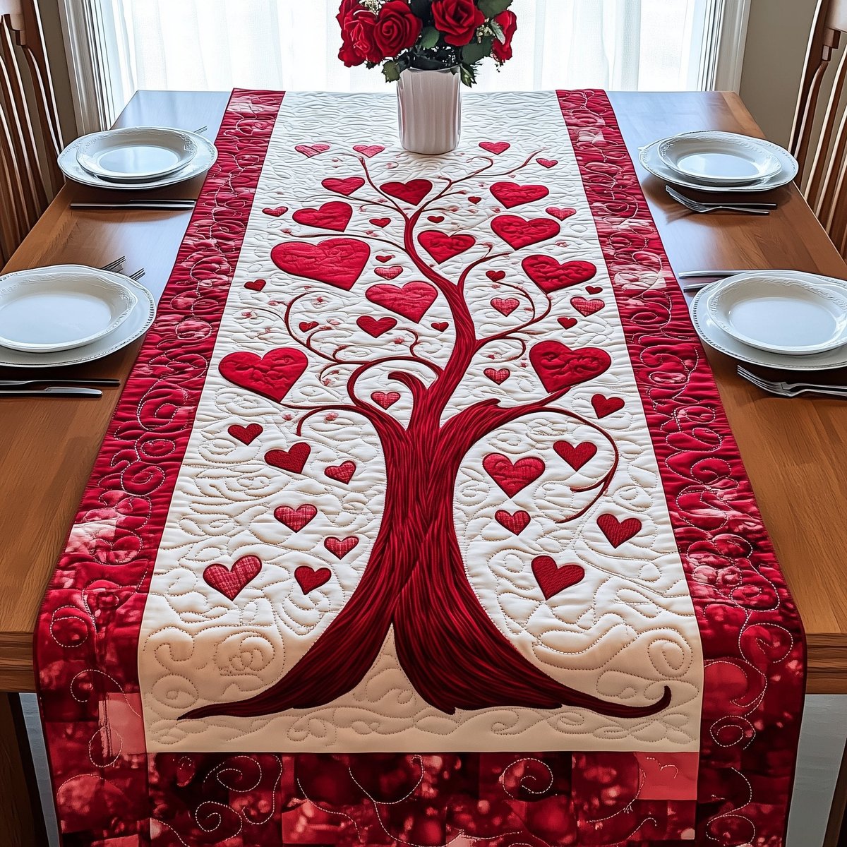 Heart Tree with Bold Red Border Table Runner - Made to Order TABLE928