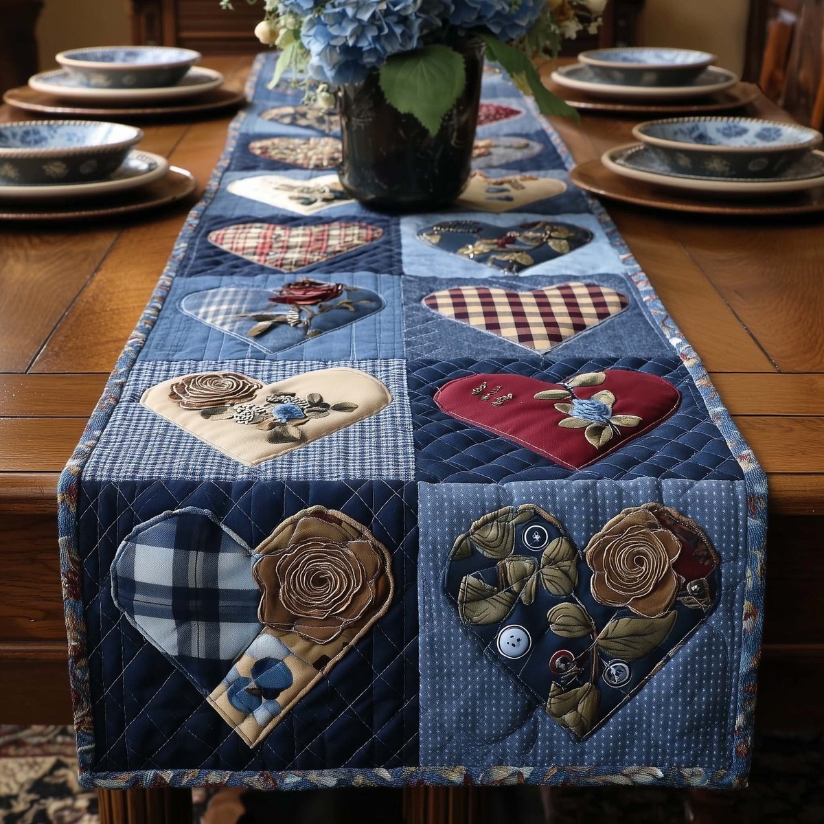 Hearts on Denim Blue Blocks Table Runner - Made to Order TABLE928