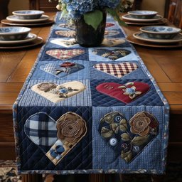 Hearts on Denim Blue Blocks Table Runner - Made to Order TABLE928
