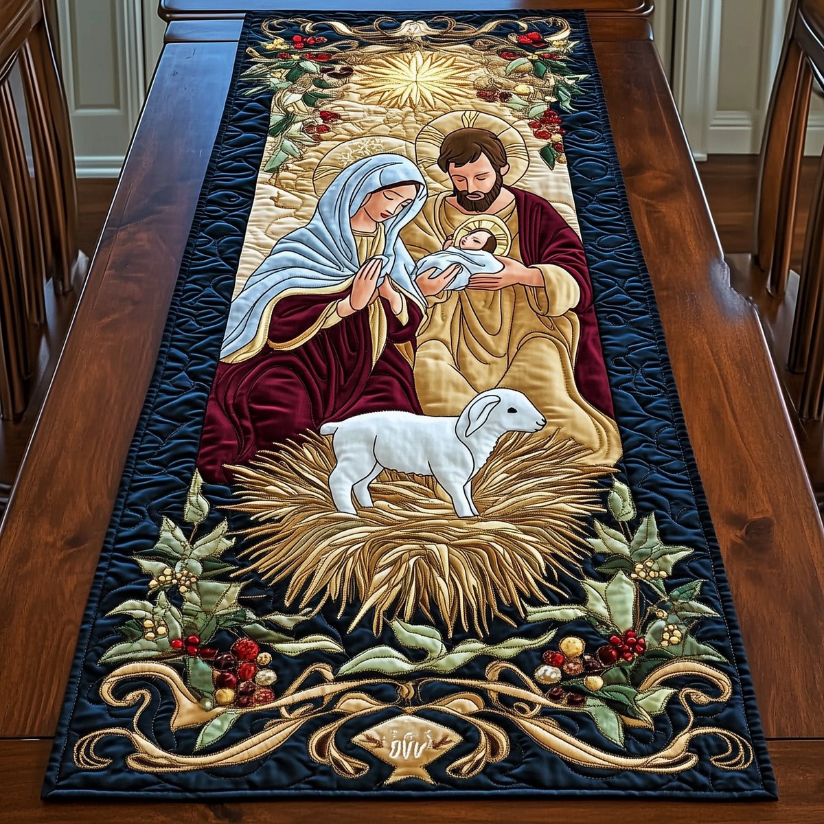 Holy Family and Lamb on Navy Table Runner - Made to Order TABLE928