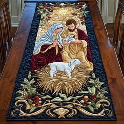 Holy Family and Lamb on Navy Table Runner - Made to Order TABLE928