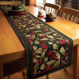 Holly and Red Berries on Dark Green Table Runner - Made to Order TABLE928