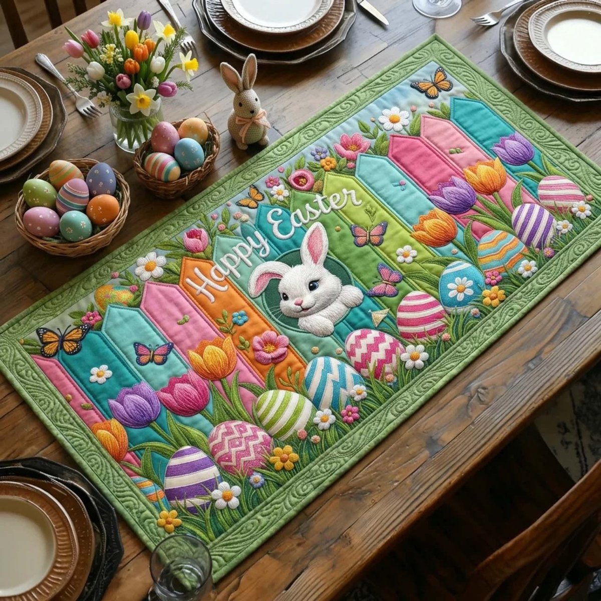 Happy Easter Bunny in Spring Garden Table Runner - Made to Order TABLE928