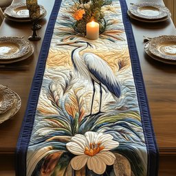 Heron with White Bloom on Blue Table Runner - Made to Order TABLE928