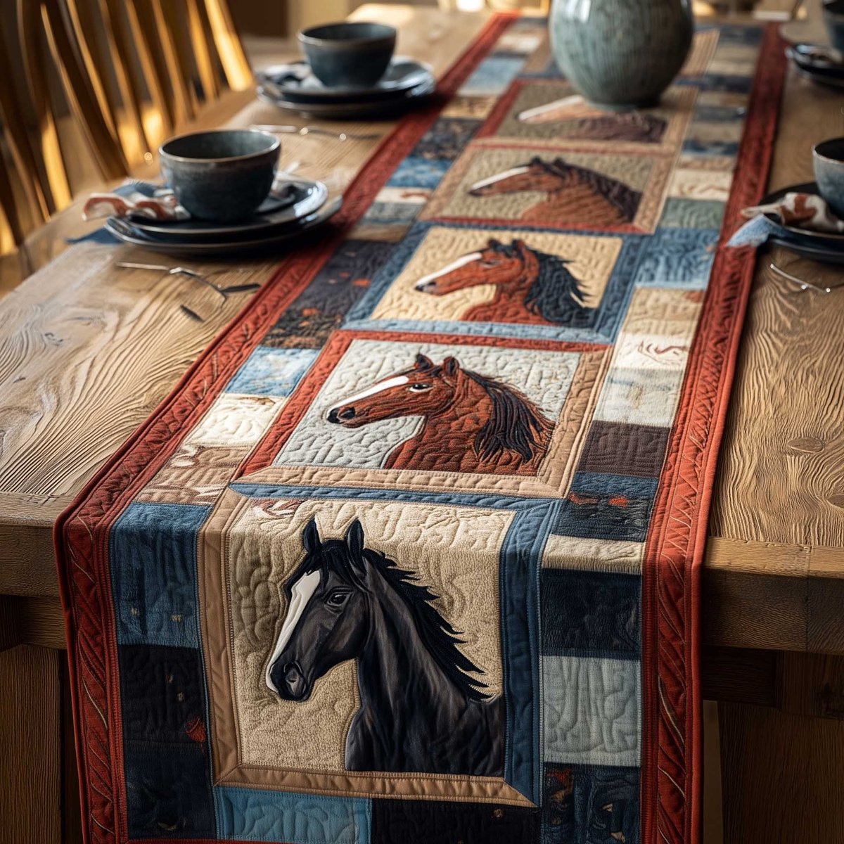 Horse Portraits with Red and Blue Frames Table Runner - Made to Order TABLE928