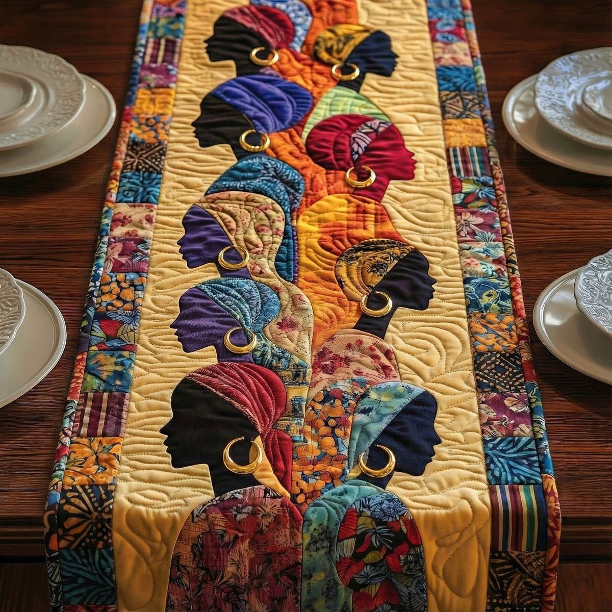 Headwrap Profiles with Gold Earrings Table Runner - Made to Order TABLE928