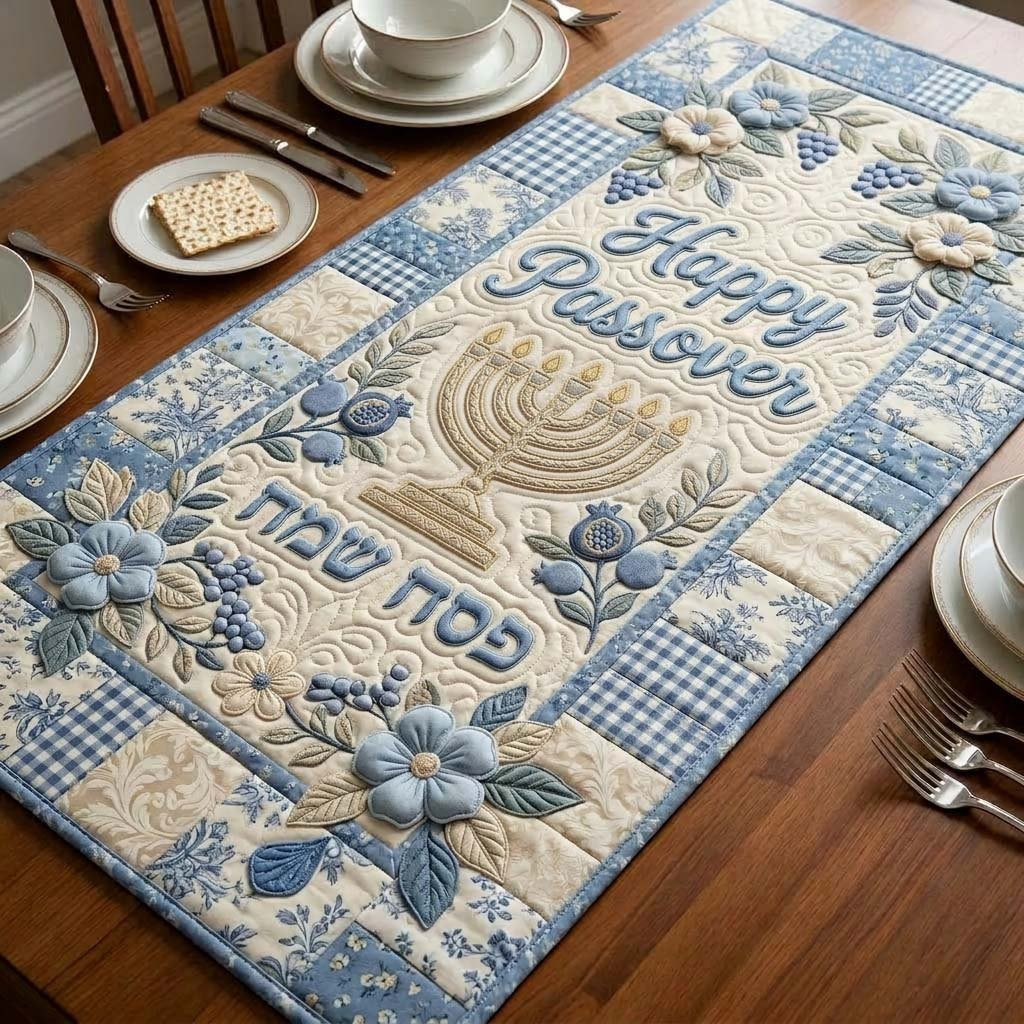 Happy Passover with Blue Flowers Table Runner - Made to Order TABLE928