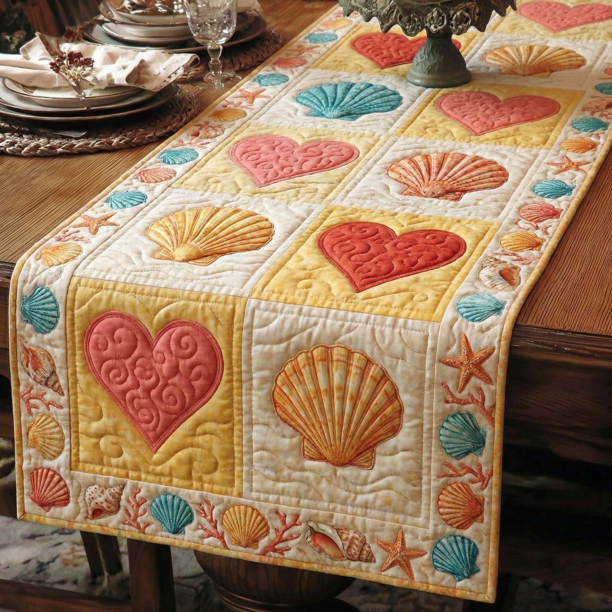 Hearts and Shells in Warm Squares Table Runner - Made to Order TABLE928