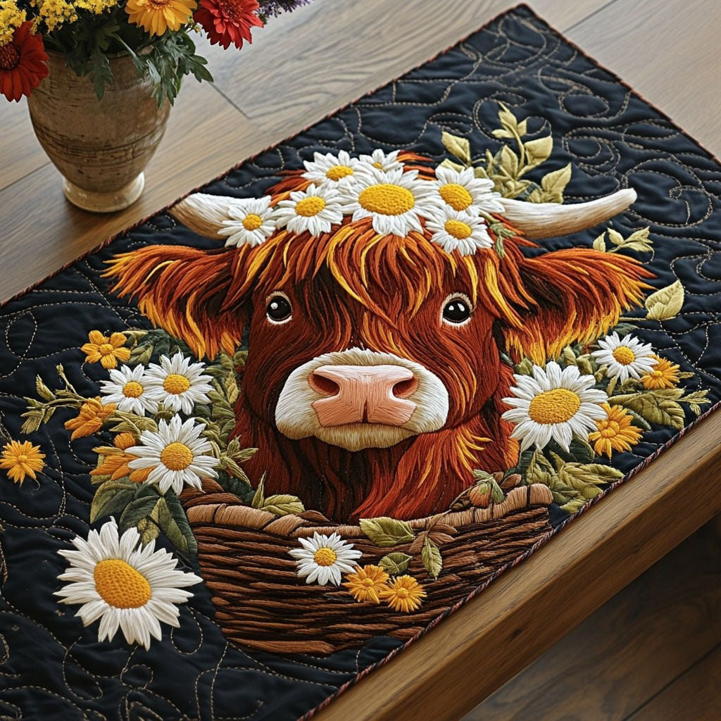 Highland Cow with White Daisies Table Runner - Made to Order TABLE928