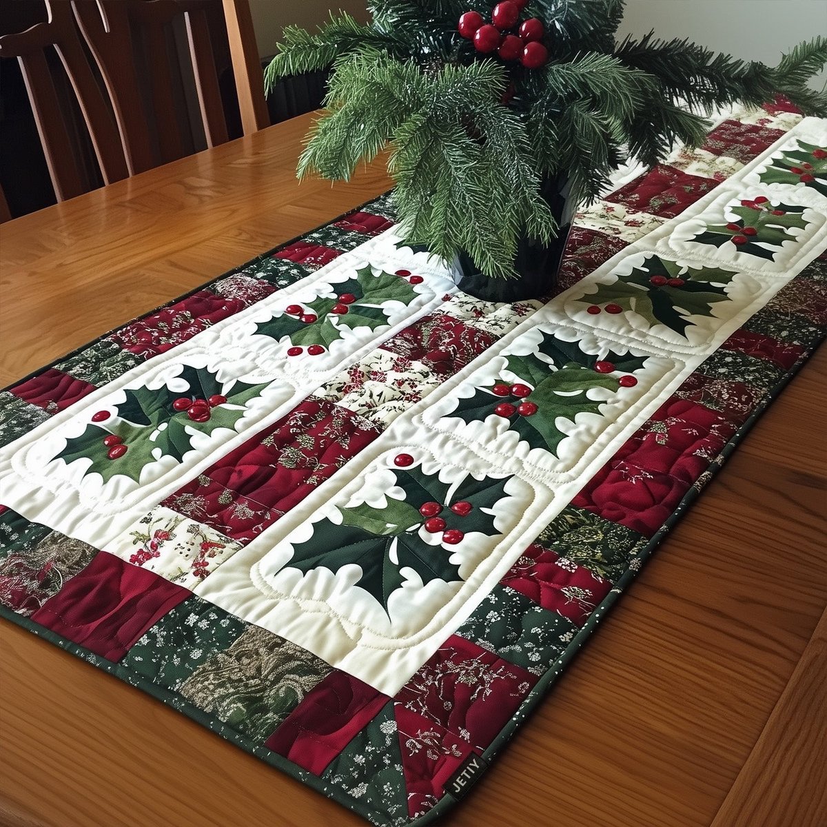 Holly Blocks on Cream and Red Table Runner - Made to Order TABLE928