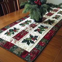 Holly Blocks on Cream and Red Table Runner - Made to Order TABLE928