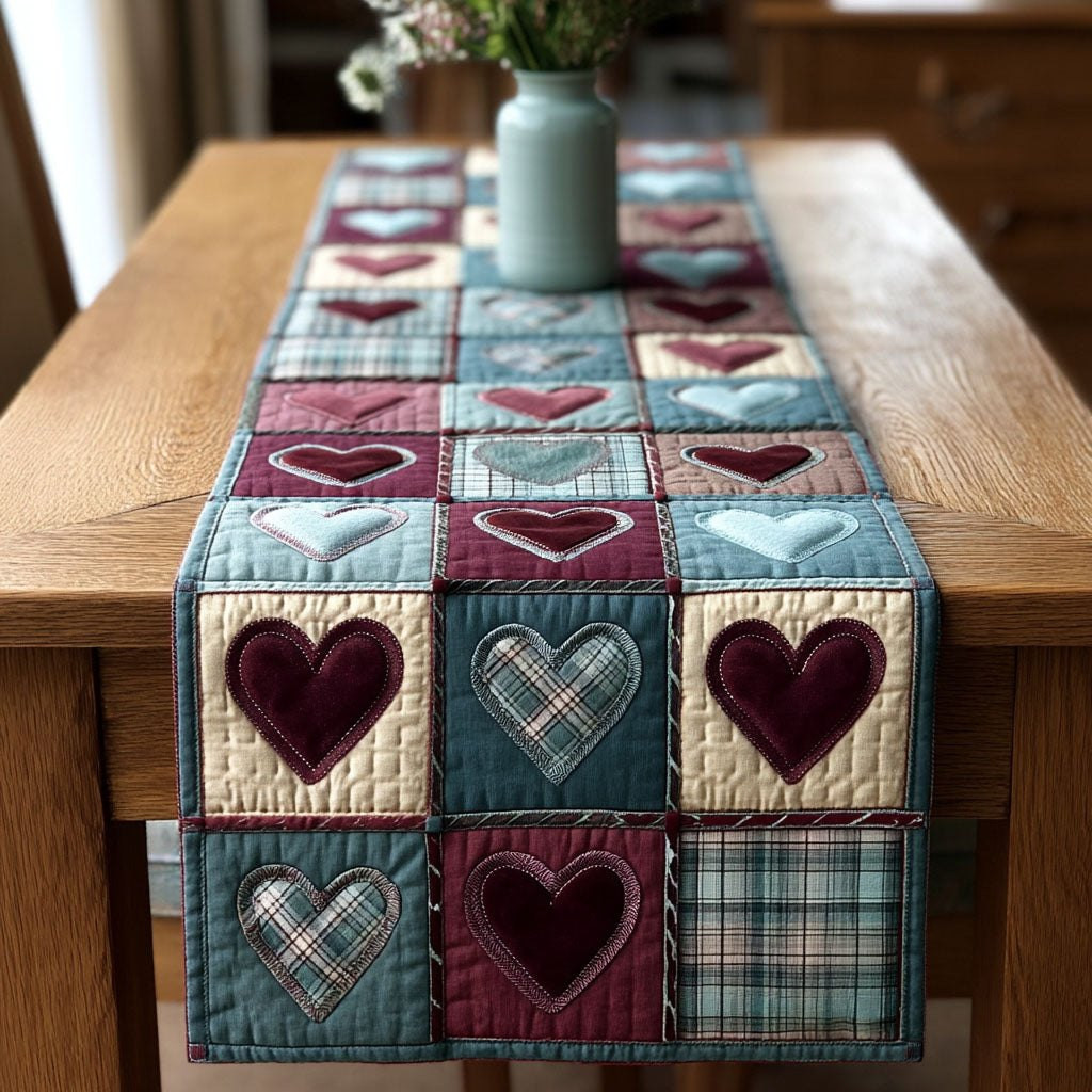 Heart Blocks in Teal and Burgundy Table Runner - Made to Order TABLE928