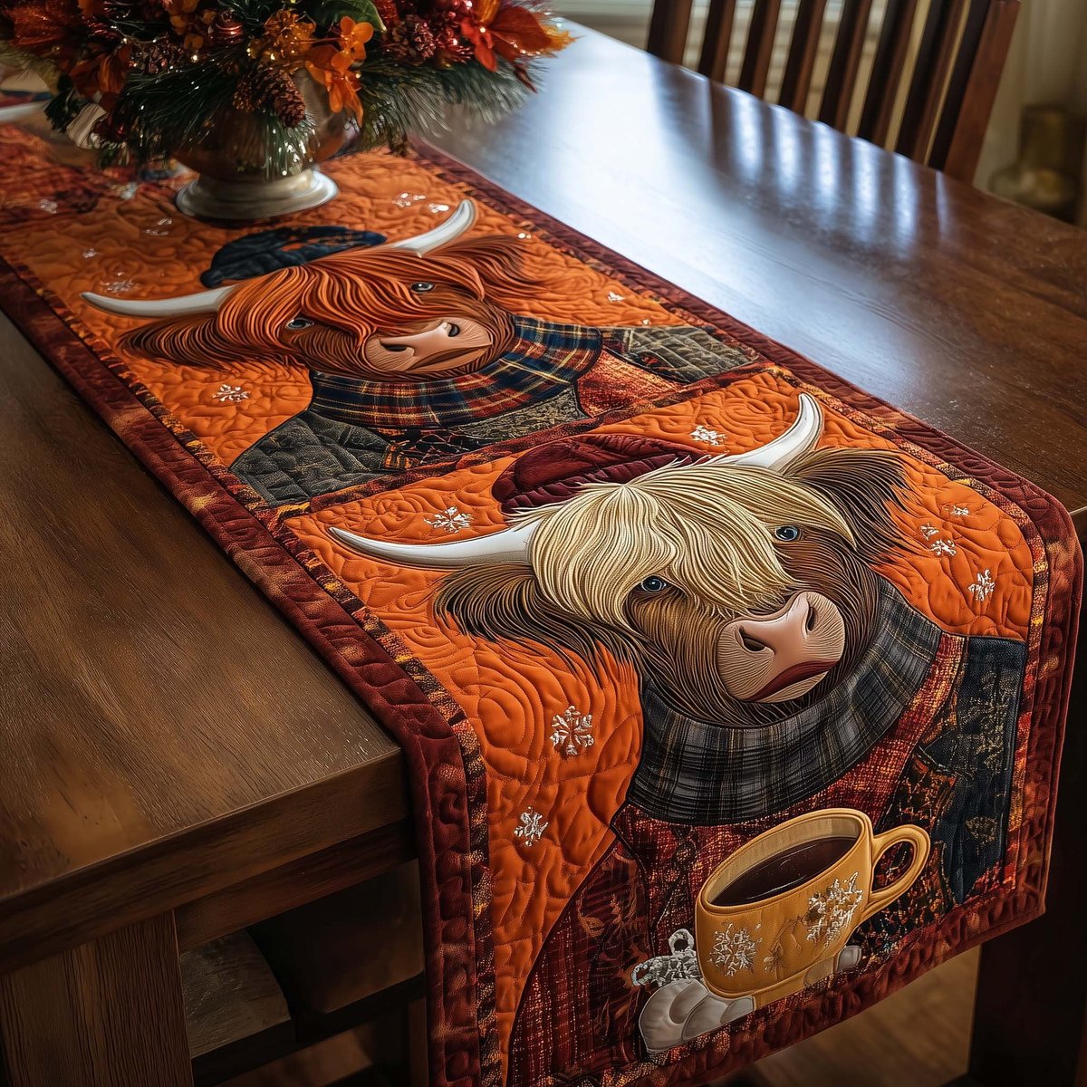 Highland Cows with Orange Plaid Table Runner - Made to Order TABLE928