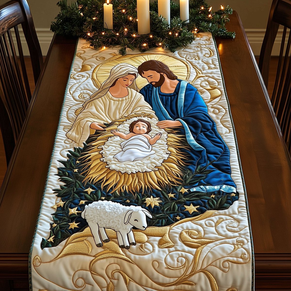 Holy Family Under Golden Stars Table Runner - Made to Order TABLE928