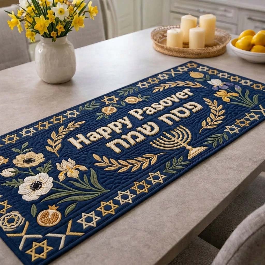 Happy Passover on Navy Panel Table Runner - Made to Order TABLE928