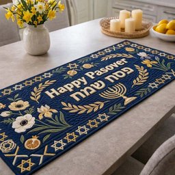 Happy Passover on Navy Panel Table Runner - Made to Order TABLE928