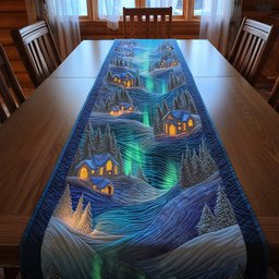 Hillside Village with Glowing Aurora Table Runner - Made to Order TABLE928