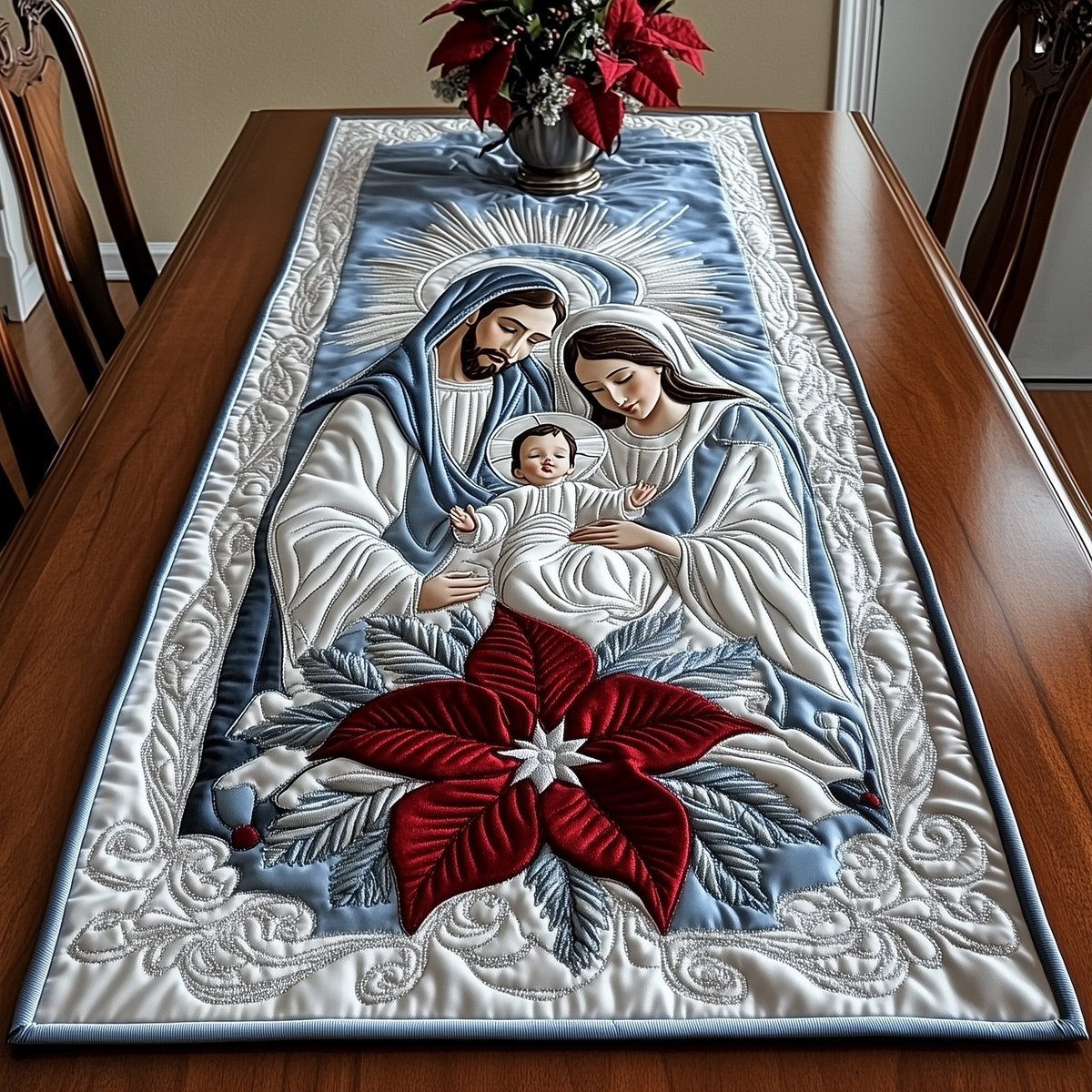 Holy Family with Red Poinsettia Table Runner - Made to Order TABLE928