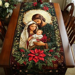 Holy Family with Red Poinsettias Table Runner - Made to Order TABLE928